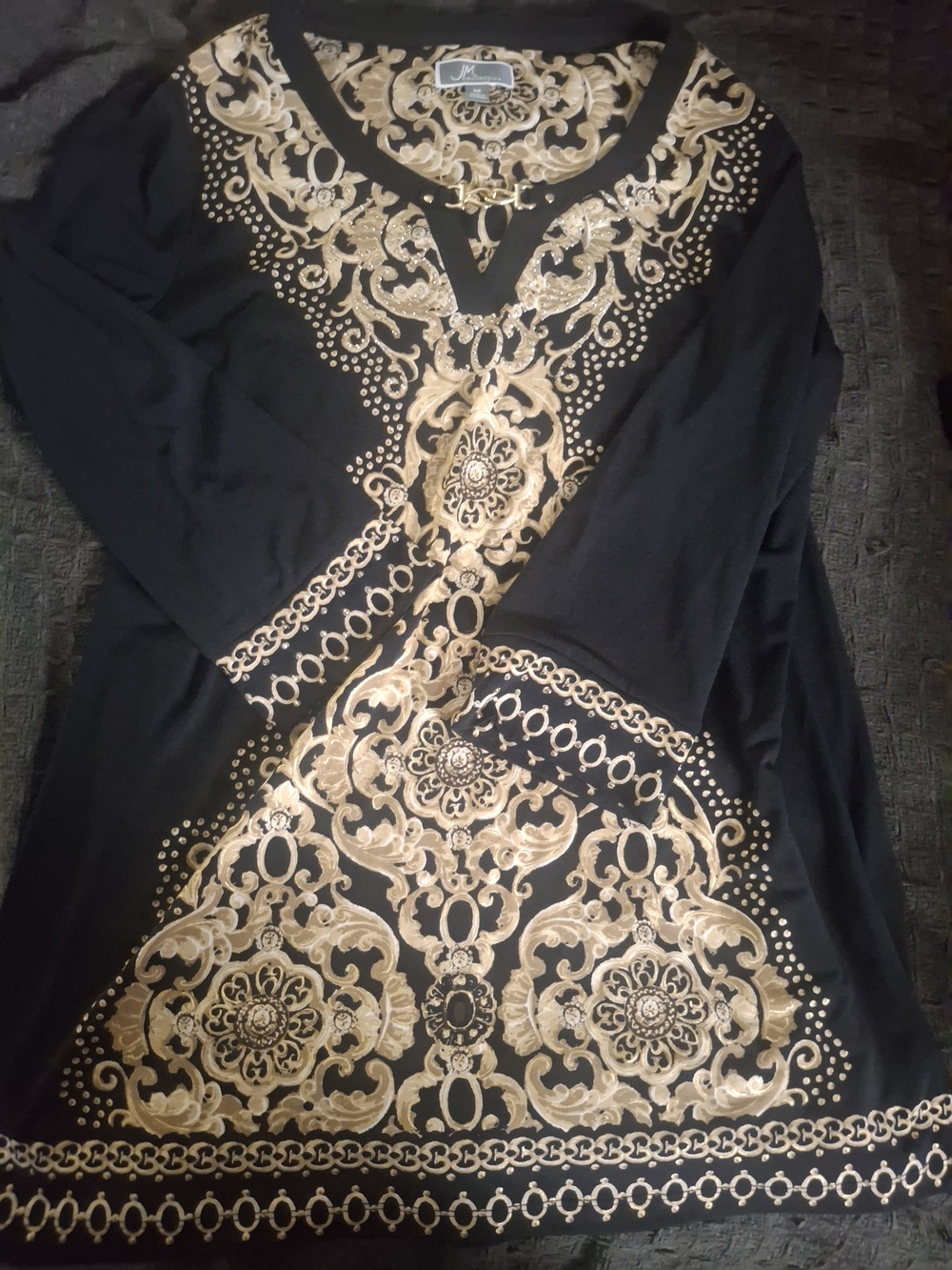 JM Collection Black Tunic with Gold Baroque Print